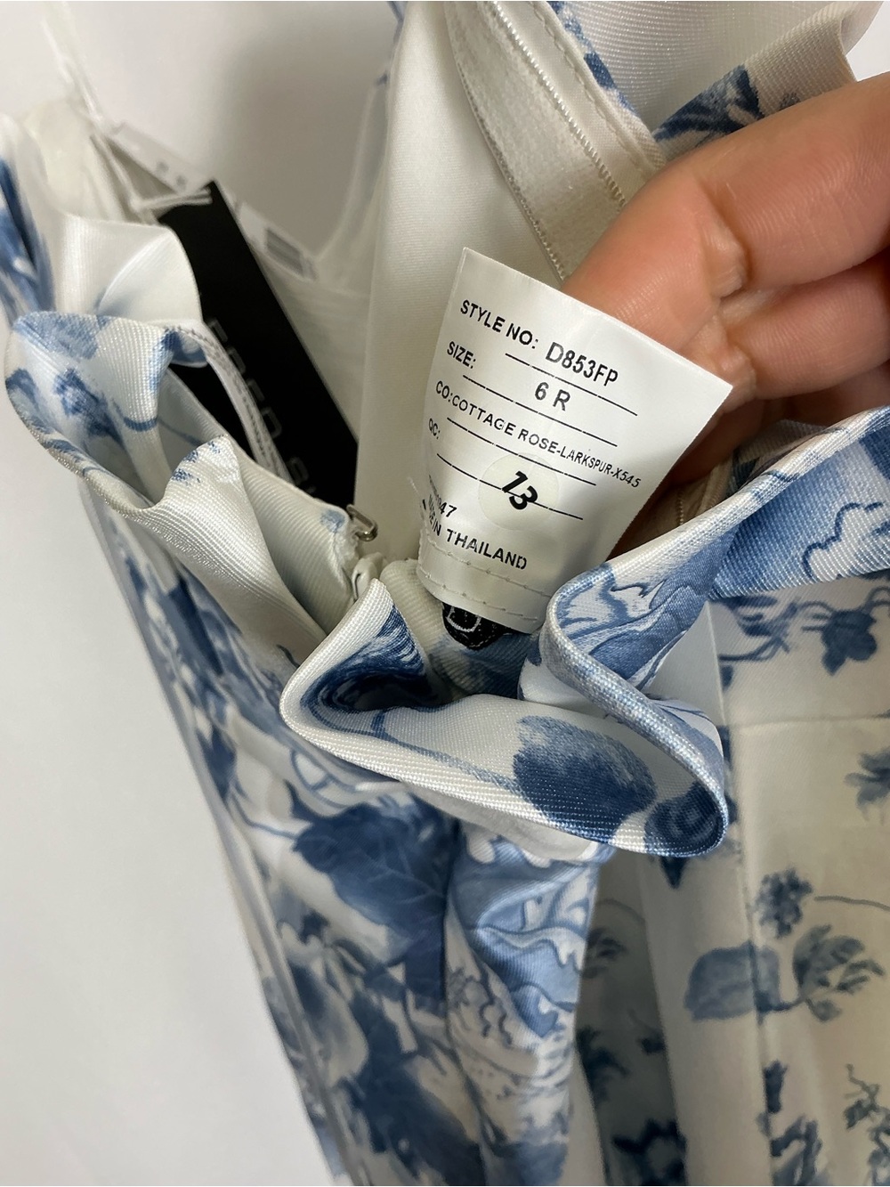 Alfred Strapless Floral Satin Gown in White and Blue - Picture 7 of 7